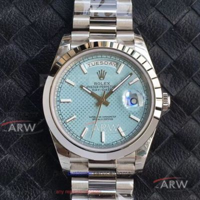 EW Factory Rolex Day Date 40mm Textured Ice Blue Dial Stainless Steel President Band V2 Upgrade Swiss 3255 Automatic Watch 228206